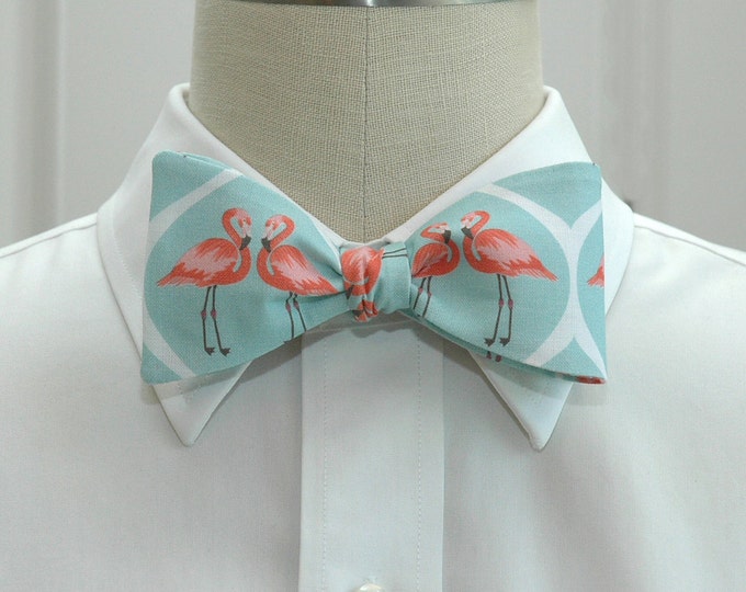 Bow Tie, Aqua with Coral Flamingos, Wedding party tie, Groom bow tie, Groomsmen gift, Zoo wedding bow tie, Florida bow tie, Flamingos