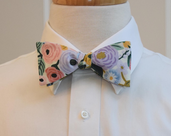 Bow Tie, Rifle Paper Co. Wildwood Garden Party, ivory, pinks, pastels, greens floral bow tie, wedding bow tie, groom/groomsmen,