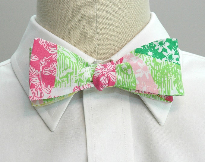 Bow Tie, pink, green, yellow, floral, wedding party bow tie, groom/groomsmen gift, tuxedo, flowers, Easter, spring, Kentucky Derby