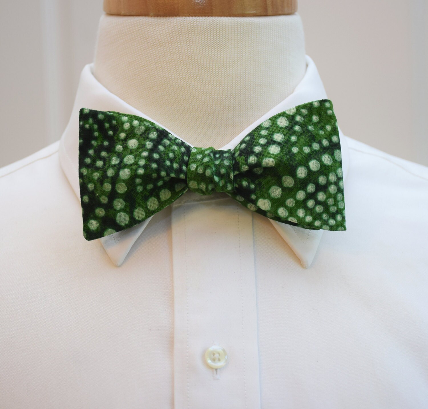 Men's Bow Tie in forest green, tonal green diagonal polka dots, stylish