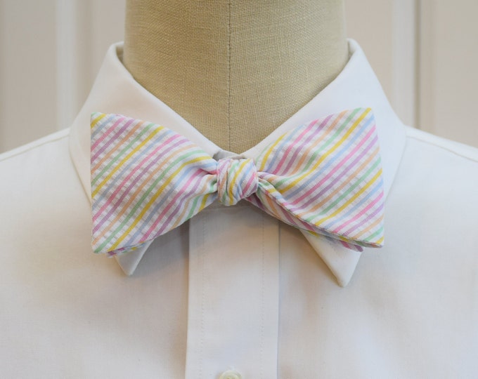 Bow Tie, pastel seersucker stripes, wedding bow tie, groom's wear, groomsmen gift, pastel bow tie, wedding accessory, self tie bow tie