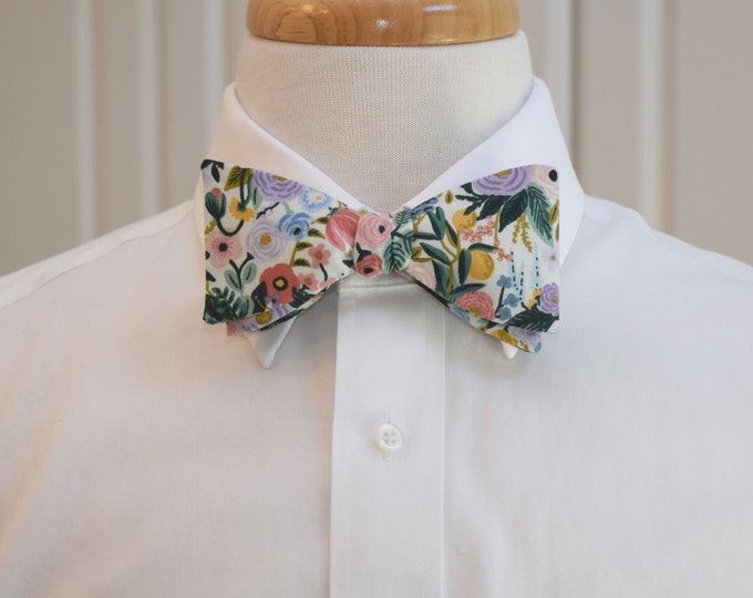 Bow Tie, Rifle Paper Co. Wildwood Petite Garden Party Ivory, pastel blues, pinks, greens, floral bow tie, wedding, groom/groomsmen bow tie