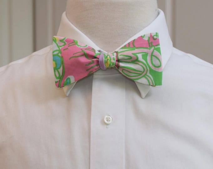 Oriental Print Cotton Bow Tie: pinks, greens, yellow.