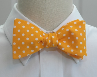 Bow Tie, mango yellow with white polka dots bow tie, wedding bow tie, golden yellow bow tie, groom bow tie, groomsmen gift, prom tie