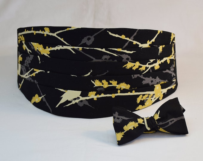 Cummerbund & Bow Tie, black with gold and yellow tree design, groom formal wear, wedding party attire, tuxedo accessory, custom cummerbund