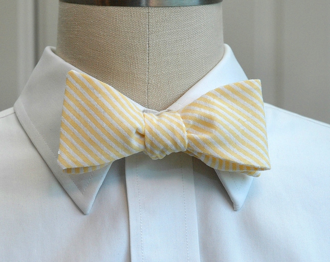 Bow Tie in yellow seersucker stripes, self tie, wedding party tie, groom bow tie, groomsmen gift, summer bow tie, wedding accessory