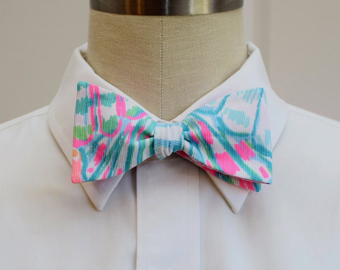 Bow Tie, blues & neon pink pastels shells, groomsmen gift, wedding party, groom bow tie, seashell, beach wedding, Kentucky Derby, prom