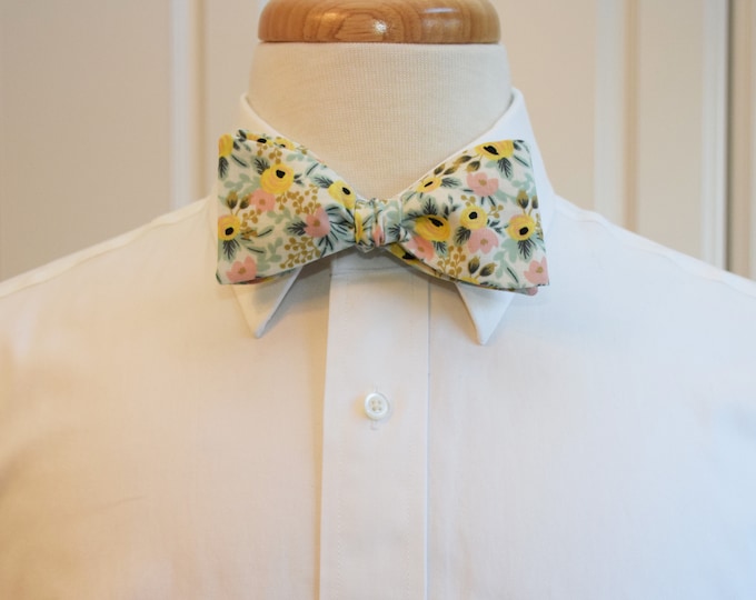 Bow Tie, Rifle Paper Co. Primavera Rosa cream/pink/green/yellow roses, floral bow tie, roses, leaves, wedding/groom/groomsmen bow tie