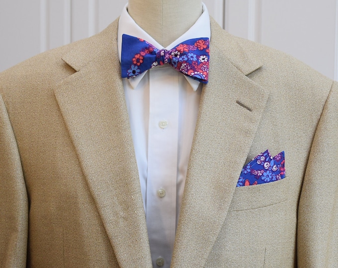 Pocket Square  and Bow Tie, cobalt blue/purple/white floral,  wedding party wear, groomsmen gift, groom bow tie set, men's  gift set