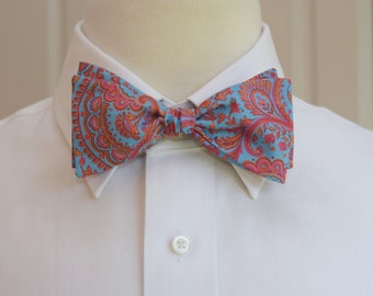 Bow Tie, Liberty of London pink/orange/blue paisley Liesl print, groomsmen/groom bow tie, wedding bow tie, classic tuxedo accessory