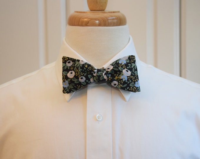 Bow Tie, Rifle Paper Co. Primavera Rosa black/blue floral bow tie, roses, leaves, wedding/groom/groomsmen bow tie, tuxedo accessory