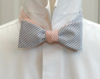 Reversible Bow Tie in grey orange seersucker, self tie, wedding party tie, groom bow tie, groomsmen gift, wedding accessory, mixer tie