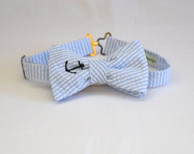 Boy's Bow Tie, pale blue seersucker, navy anchor, father/son matching ties, wedding accessory, toddler bow tie, ring bearer bow tie, Easter