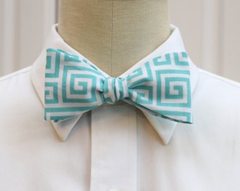 Aqua Greek Key Bow Tie: Geometric Print Cotton