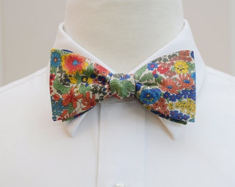 Bow Tie, Liberty of London, orange/blue/multi floral Margaret Annie design, groomsmen/groom bow tie, wedding bow tie, tux accessory
