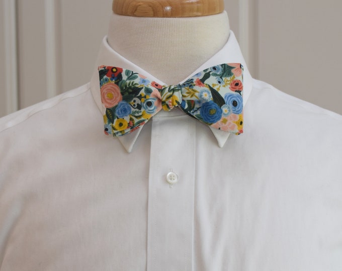 Bow Tie, Rifle Paper Co. Wildwood Petite Garden Party, blues, coral, green, aqua floral bow tie, wedding, groom/groomsmen bow tie