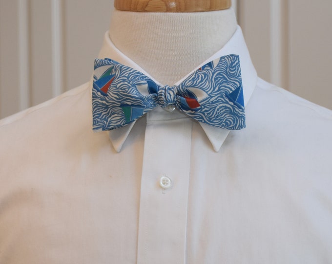 Bow Tie, Liberty London, Sail Away, blue, red, waves, sailboats, ocean wedding bow tie, sailor gift, groomsmen gift, beach wedding