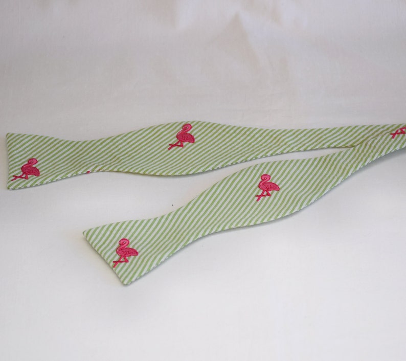 Bow Tie, lime seersucker with hot pink flamingo, wedding party tie, groom bow tie, groomsmen gift, Florida bow tie, self tie bow tie image 4