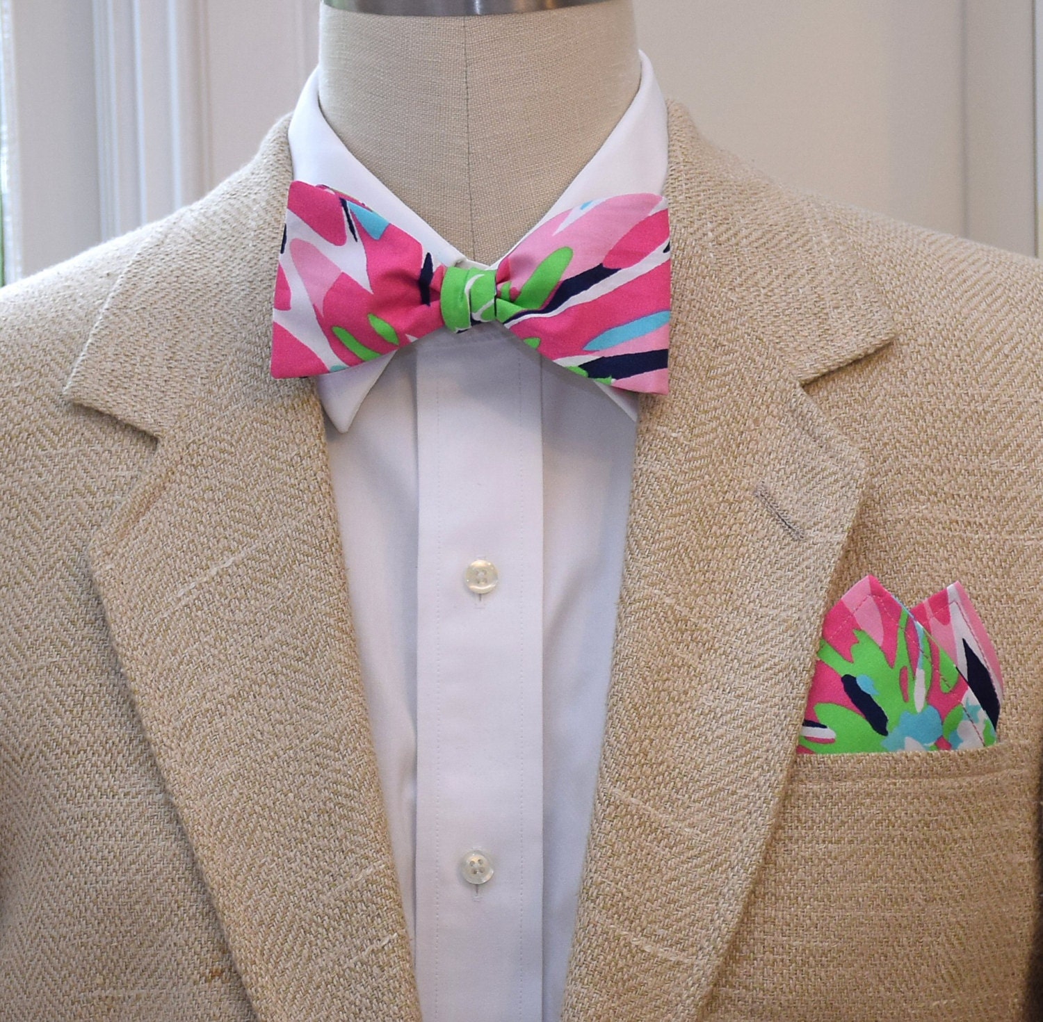 Men's Pocket Square & Bow Tie navy/pink/green abstract Etsy