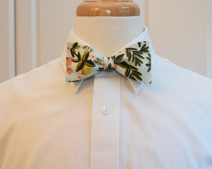 Bow Tie, Rifle Paper Co Primavera citrus floral mint bow tie, peach/coral/green, wedding party, groom/groomsmen bow tie, tux accessory