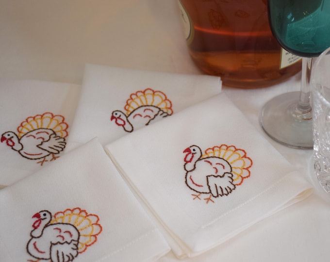 Hand Embroidered Turkey Cocktail Napkins, Thanksgiving Hostess Gift