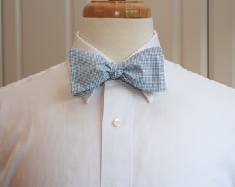 Carolina Blue Pima Cotton Bow Tie: Blue Grid Wedding Bowtie