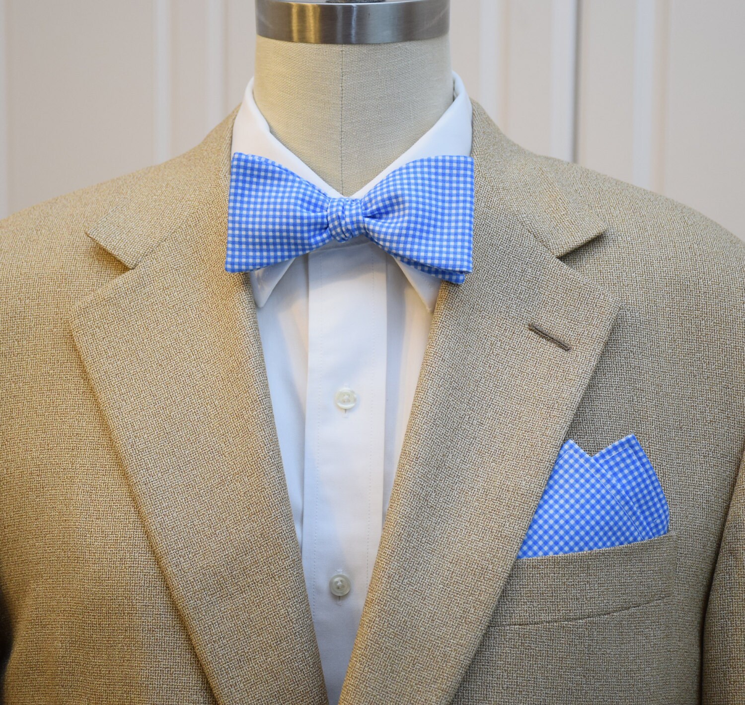 Men's Pocket Square & Bow Tie pool blue gingham wedding | Etsy