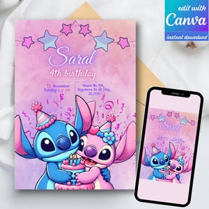 Stitch & Angel Birthday Invitation Template, Printable Party Invite, Editable Digital Kids Bday Card, DIY Birthday Card
