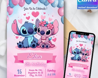 Stitch Birthday Invitation: Editable Kids Party Invite (Digital Download, 5x7 inch Template)