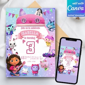 Modelo de convite de aniversário editável da Gabbys Dollhouse, convites para festa de aniversário para imprimir, convite digital para festa de aniversário, cartão de convite de aniversário