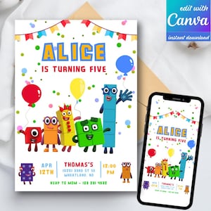 May include: A birthday party invitation with the text "ALICE IS TURNING FIVE" in blue and yellow. The invitation features cartoon number blocks, balloons, and a banner. A smartphone displays the same design.