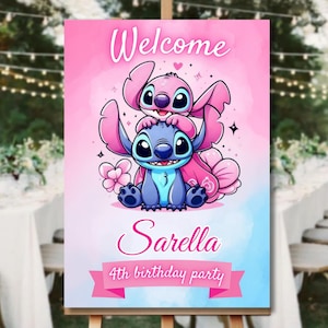 Bewerkbaar Stitch-verjaardagsbord | Stitch Girl-feestdecoratie (canvasjabloon)