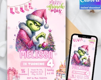 Pink Green Monster Christmas Birthday Invitation | Grinchmas Birthday İnvitation | Canva Template (Digital Download)