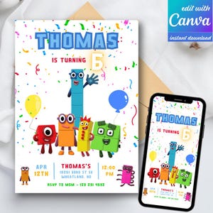 以下が含まれることがあります： 青いブロック文字で「THOMAS」という名前と「IS TURNING 5」というテキストが入った誕生日パーティーの招待状。カラフルな漫画のキャラクターと風船が招待状を飾っています。スマートフォンには同じデザインが表示されます。招待状には日付、時間、RSVP情報が含まれています。