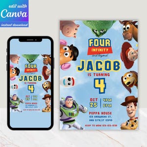 Kids Editable Toy Story Birthday Invitation Template, Printable Birthday Party Invitations, Digital Kids Party Invite Template Bday Card