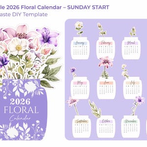 Pode incluir: Um calendário floral imprimível de 2026 com início ao domingo, apresentando um buquê de flores em aquarela em um vaso roxo. O calendário inclui páginas mensais com detalhes florais, ideal para projetos DIY.