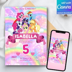 May include: A birthday invitation with My Little Pony characters, a pink banner with the name "ISABELLA", and the number "5". The invitation includes the text "Join Us to Celebrate!" and event details. A smartphone displays the same design.