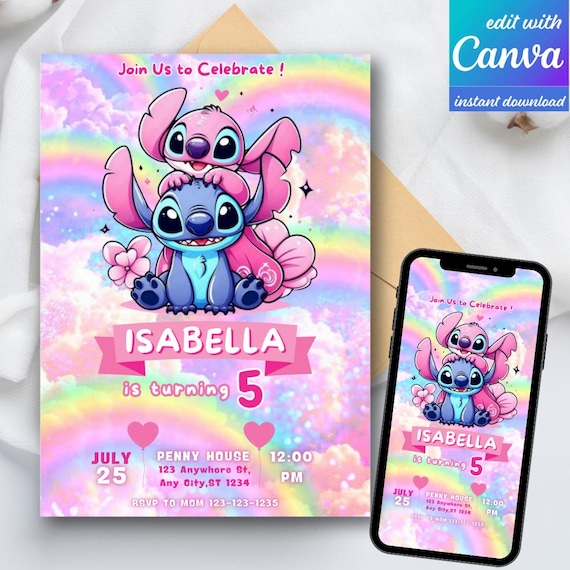 Editable Stitch Birthday Invitation Template, Rainbow Girl Party Invite, Personalized Canva Printable, 5x7 Instant Digital Download
