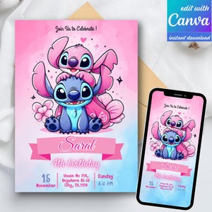 Stitch & Angel Birthday Invitation Template, Printable Party Invite, Editable Digital Kids Bday Card, Stitch Editable Birthday Invitation