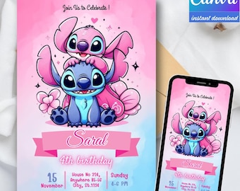 Sjabloon Stitch & Angel-verjaardagsuitnodiging: bewerkbare uitnodiging voor kinderfeestje (digitale download)