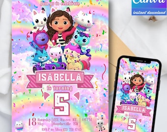 Gabby’s Dollhouse Birthday Invitation Editable | Digital Invitation for Kids Party | Canva Template | Instant Download