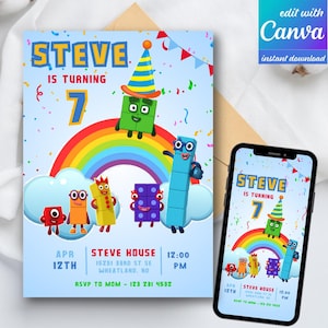 Födelsedagsinbjudan med sifferblock: Redigerbar Canva-mall (digital nedladdning)