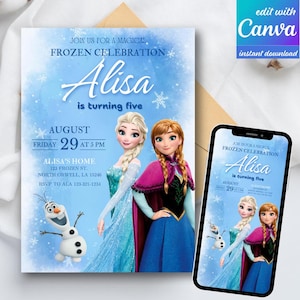 Op de afbeelding: Een Frozen-thema verjaardagsuitnodiging met Elsa en Anna, met de tekst "Alisa wordt vijf". De uitnodiging bevat details voor het feest op 29 augustus om 17.00 uur. Een smartphone toont hetzelfde ontwerp.