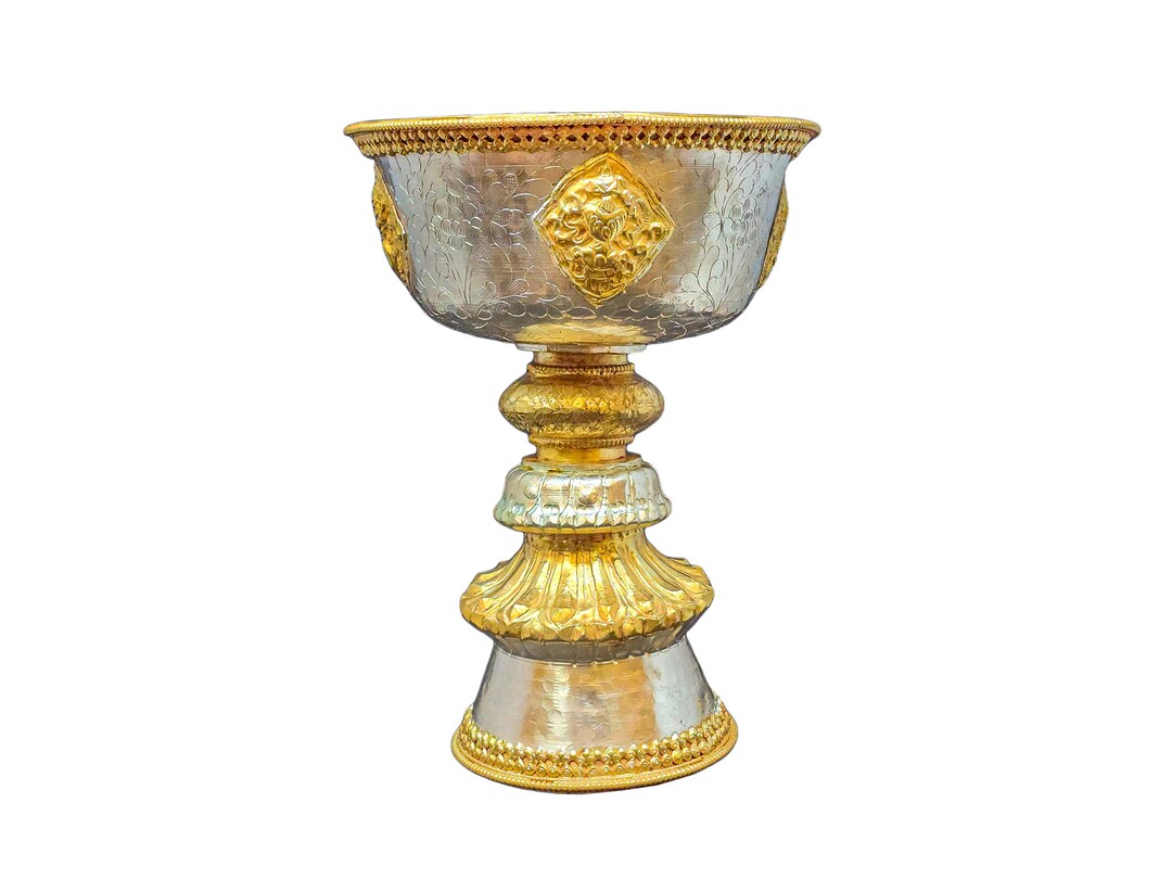 8インチ銅製バターランプ、仏教儀式用品、金メッキと銀メッキ