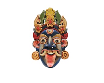 14-Inch Buddhist Wooden Mask With Kali, Tibetan Style Wtih Traditional Colors