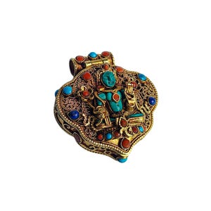 1-Inch Silver Tibetan Ghau Box, Gold Plated And Stone Setting
