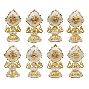 7-Inch Buddhist Handmade Eight Set Tibetan Offering Set Of Ashtamangala, Partly Gold Plated, Silver Plated