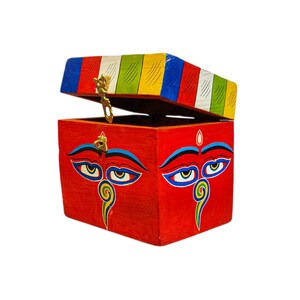 5-Inch Buddhist Wooden Box With Buddha Eye, Tibetan Style With Traditional Colors