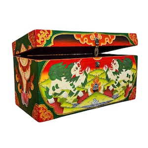 9-Inch Buddhist Wooden Box With Snow Lion, Tibetan Style With Traditional Colors