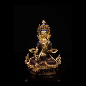 9-Inch Saraswati, Buddhist Handmade Statue, Chocolate Oxidized, Face Paint
